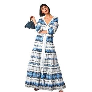 NWOT ALEXIS White & Blue Wylla Embroidered Linen Blend Maxi Dress XS
